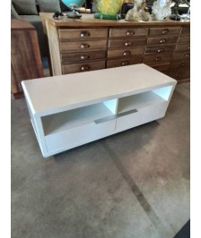 MEUBLE TV BAS BOIS BLANC LAQUÉ 2 NICHES 2 TIROIRS