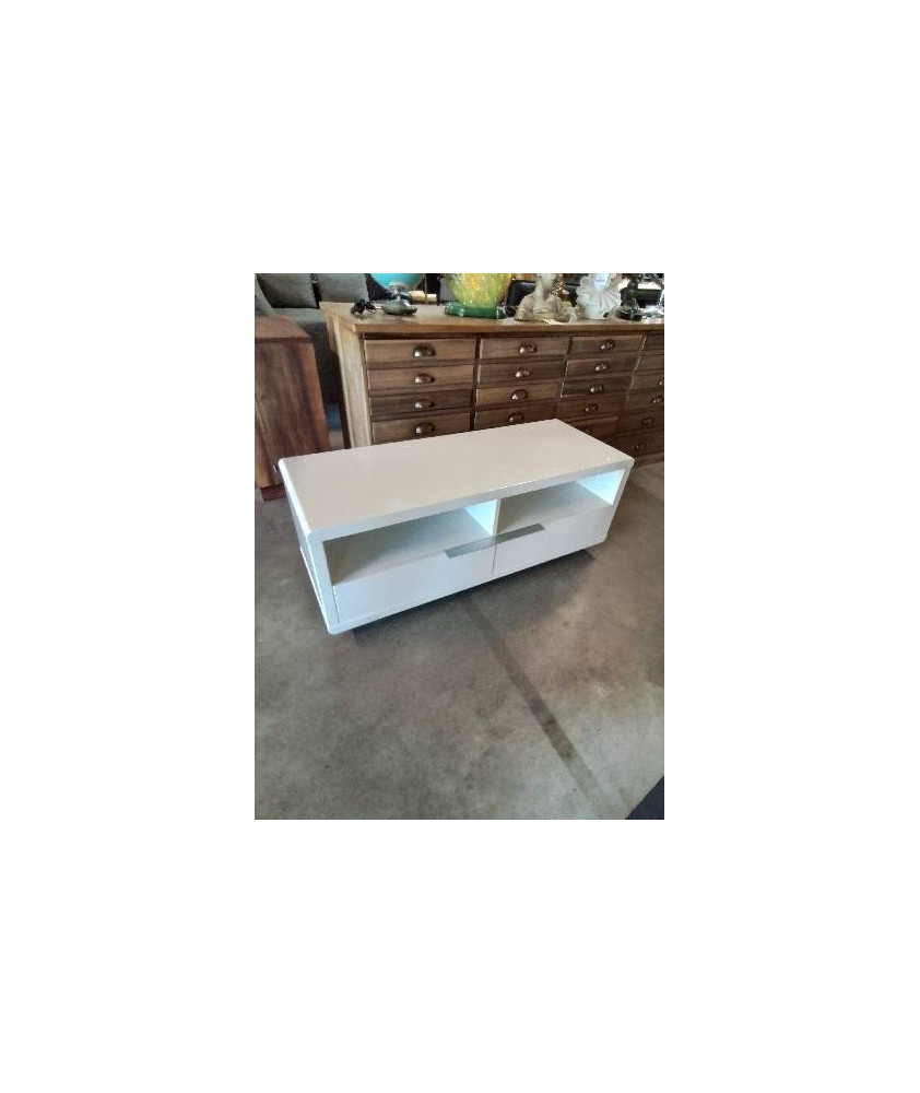 MEUBLE TV BAS BOIS BLANC LAQUÉ 2 NICHES 2 TIROIRS