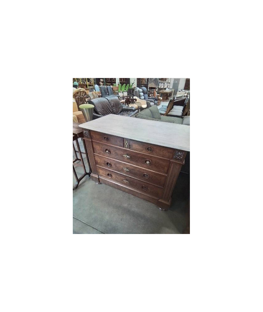 COMMODE NAPOLEON III ACAJOU 5 TIROIRS DESSUS MARBRE BLANC 