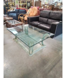 TABLE BASSE RECTANGULAIRE 2 NIVEAUX VERRE PIÈTEMENT BOIS VERT DÉCOR FEUILLES