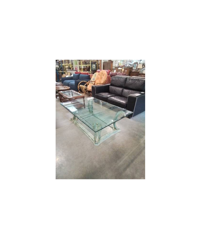 TABLE BASSE RECTANGULAIRE 2 NIVEAUX VERRE PIÈTEMENT BOIS VERT DÉCOR FEUILLES