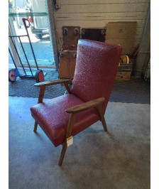 FAUTEUIL BOIS CLAIR CAPITONNÉ SKAÏ ROUGE ANNÉES 50