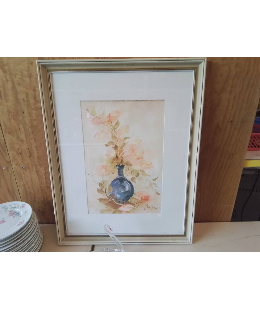 GRAND CADRE AQUARELLE NATURE MORTE BOUQUET DE FLEUR