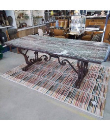 TABLE PIED FER FORGÉ PLATEAU MARBRE 2M10
