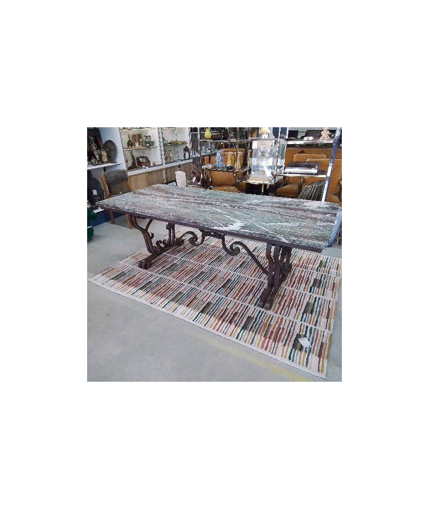 TABLE PIED FER FORGÉ PLATEAU MARBRE 2M10