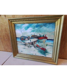 PEINTURE SUR BOIS BARQUE SUR LA PLAGE