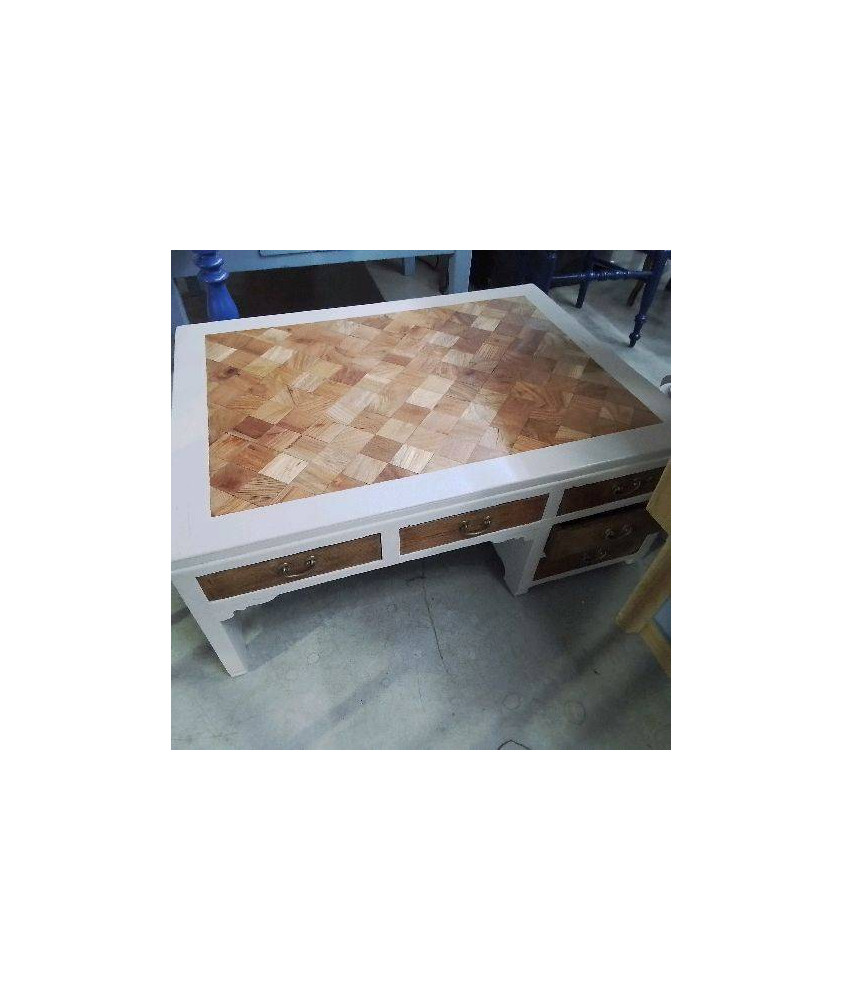 TABLE BASSE PEINTE A TIROIRS MARQUETTERIE 