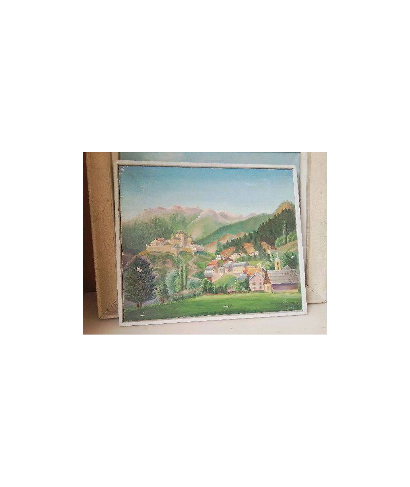 PEINTURE D’UN VILLAGE PERCHÉ DANS LES MONTAGNES