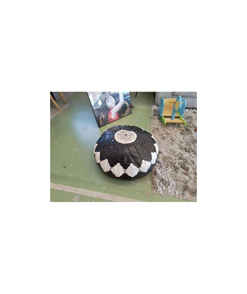 POUF MAROCAIN ROND CUIR NOIR ET BLANC 