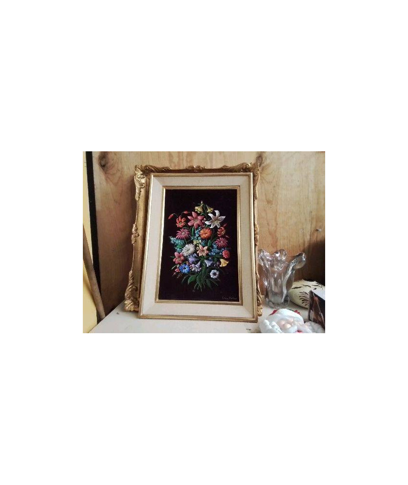 CADRE DORÉ PEINTURE SUR TAPISSERIE MOTIF FLORAL 